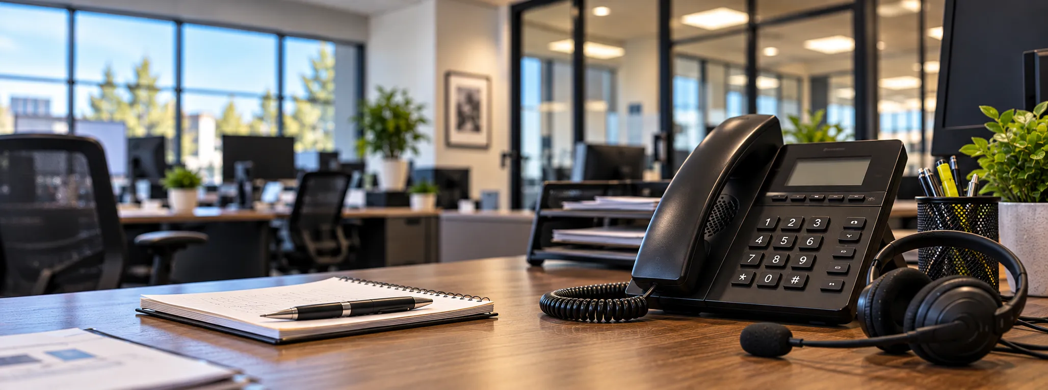 A telephone on an office desk.