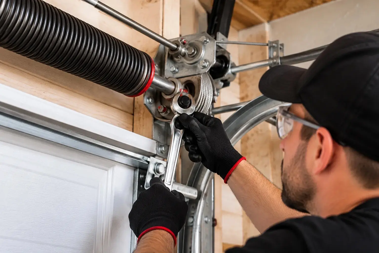 A technician working on a garage door