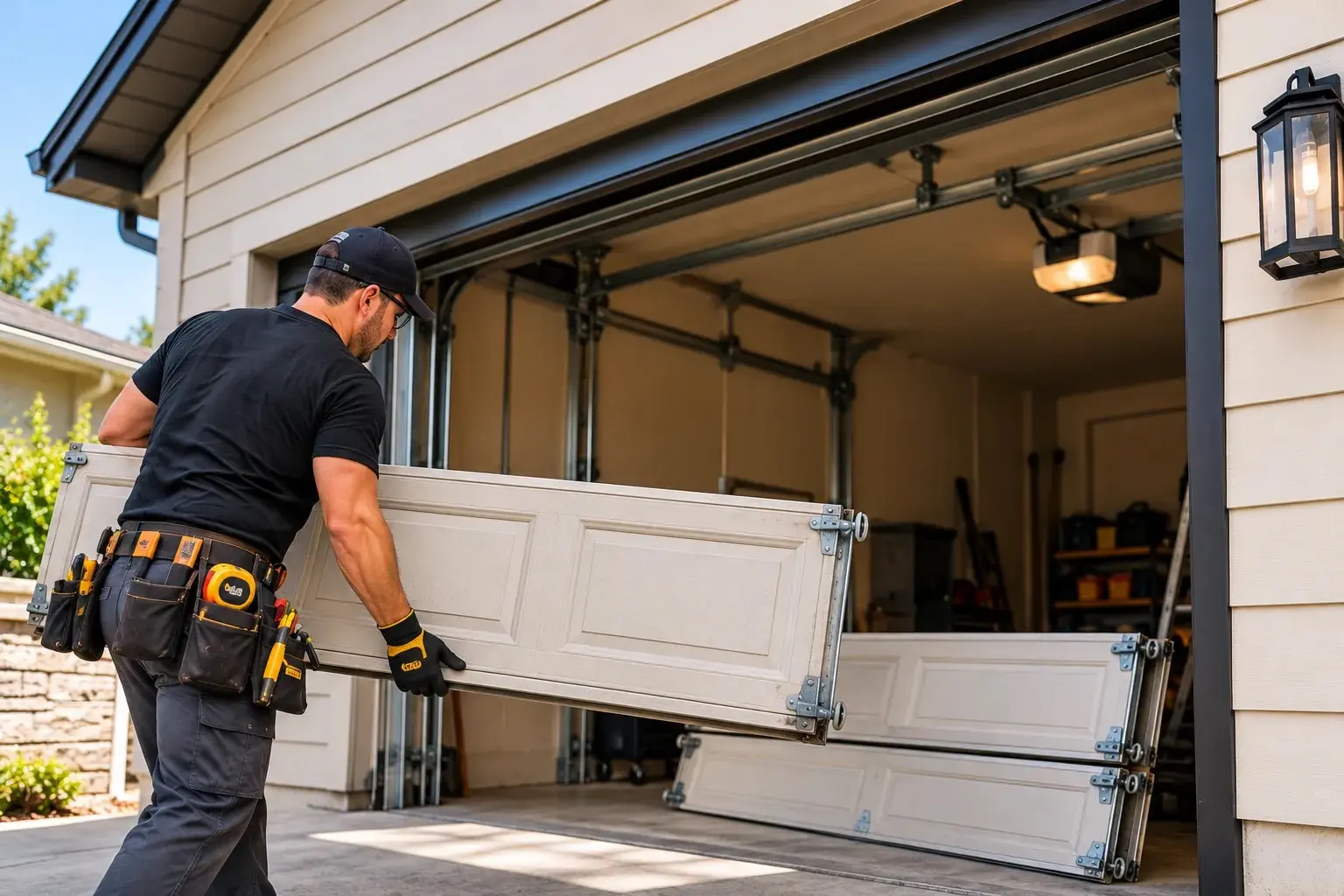 A technician replacing a garage door
