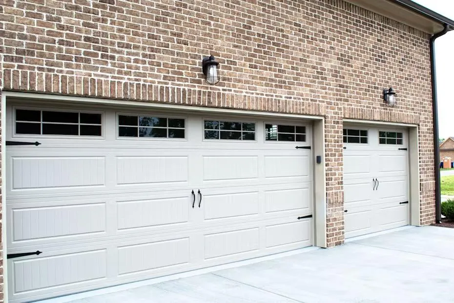 residential garage door country design with windows desert tan color