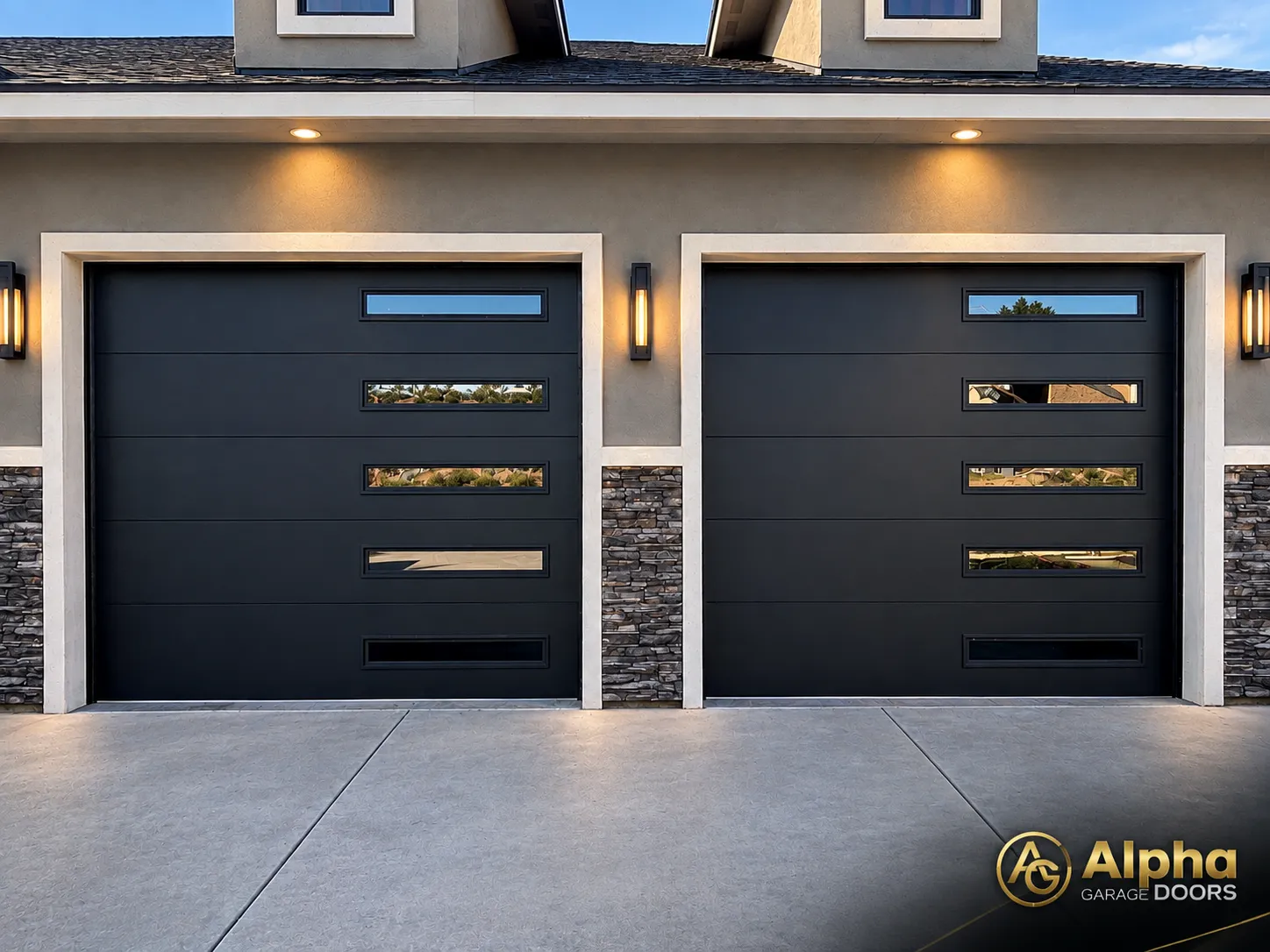 residential garage door flush design with slimline windows black color