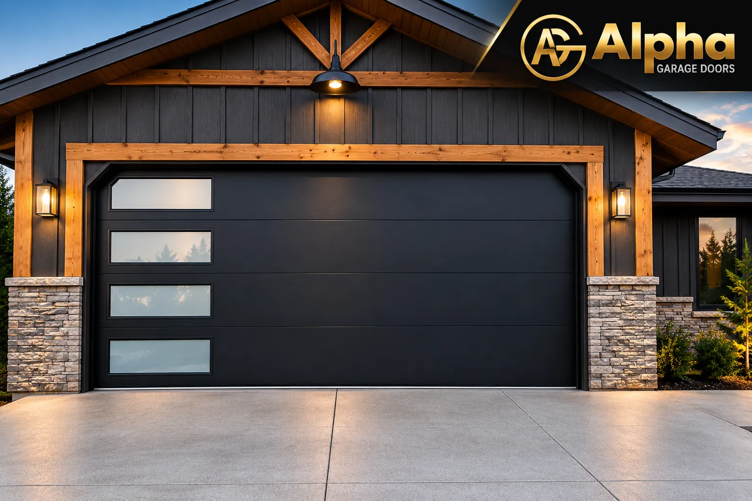 residential garage door flush design with windows black color