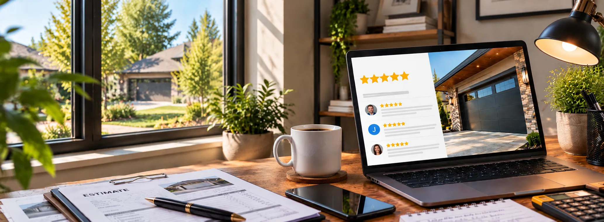 A laptop on a desk displaying online reviews.