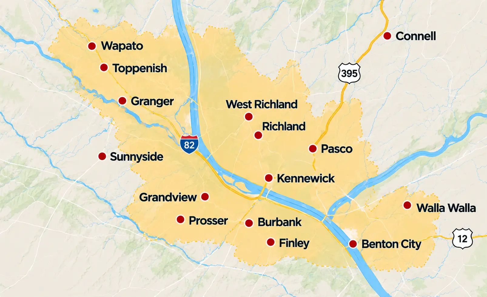 Service area map including Pasco, Kennewick, Richland, West Richland, Sunnyside, Prosser, Grandview, Granger, Wapato, Toppenish, Walla Walla, Burbank, Finley Connell, and Benton City