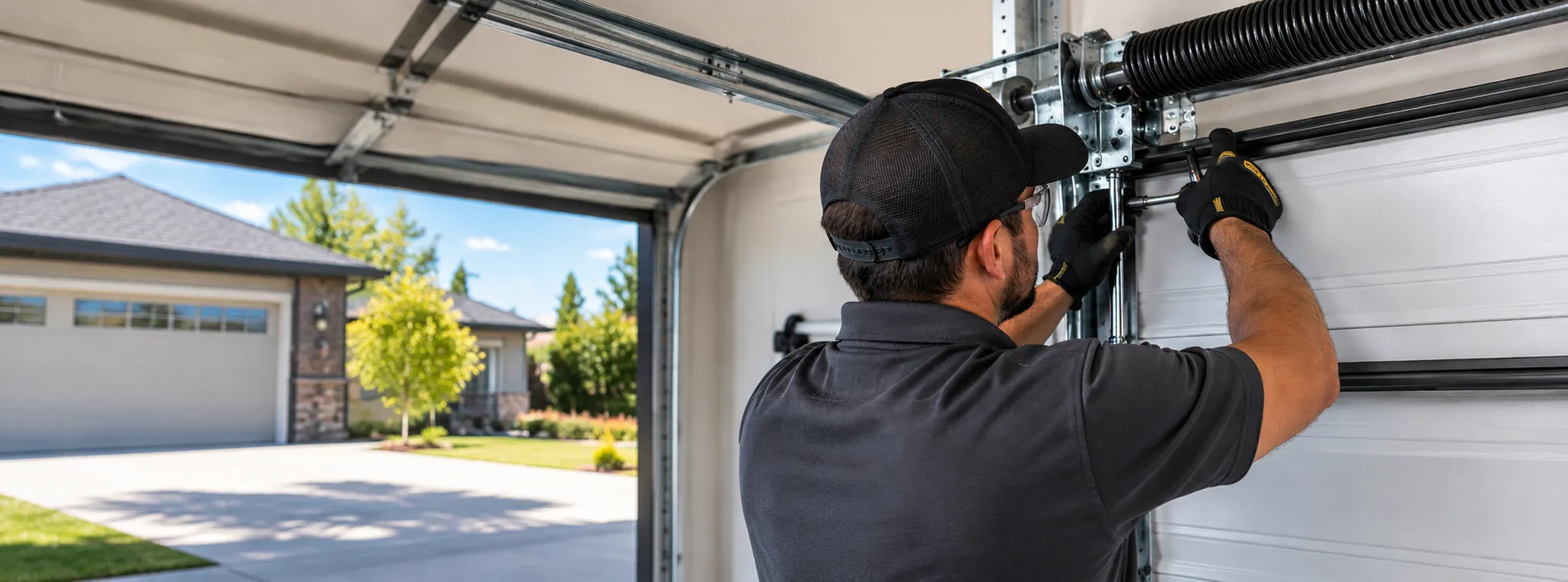 A technician working on the inside of a garage door.